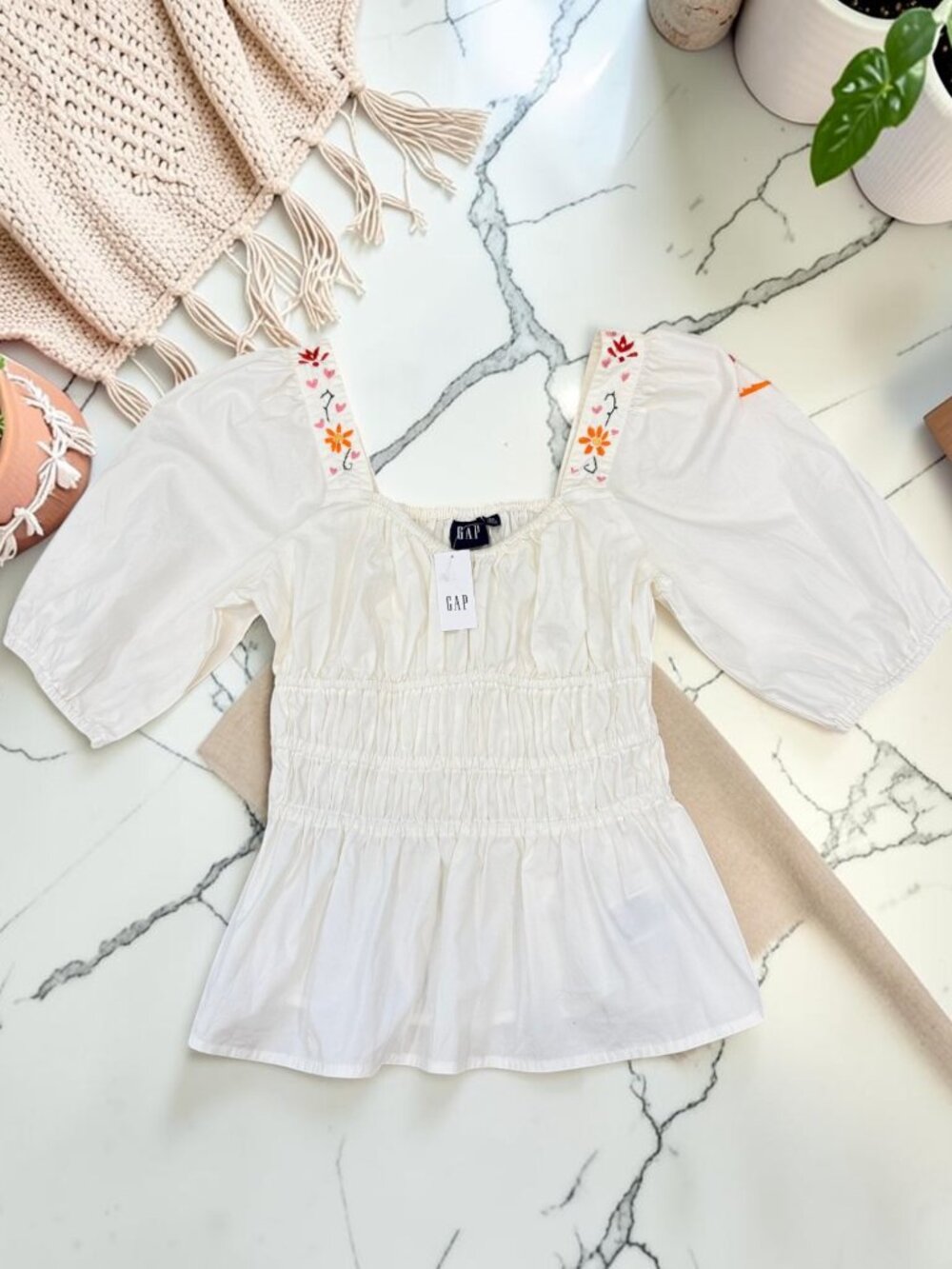 GAP NWT Puff Sleeve Off White Square Neck Embroidered Top Cotton Size XS